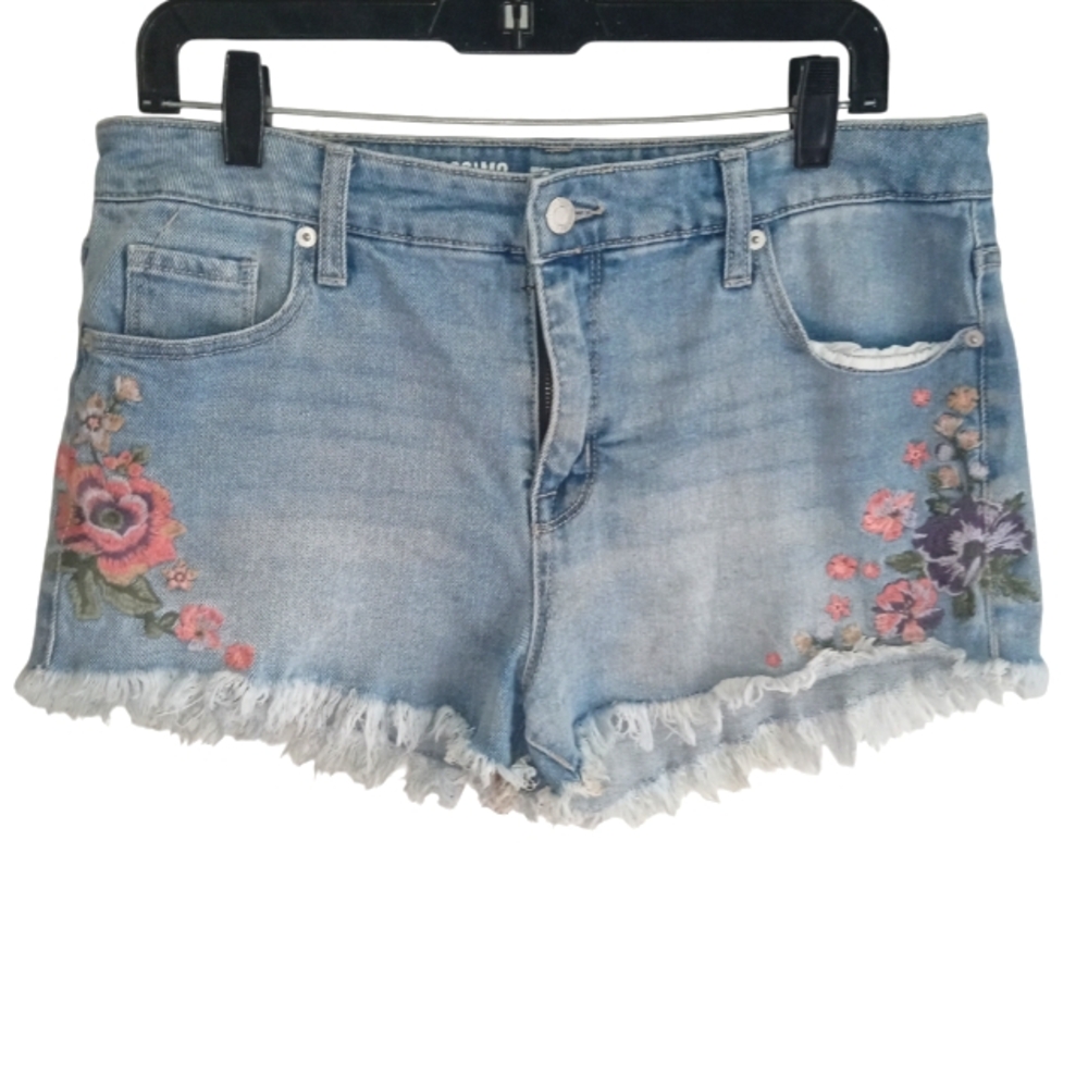 Mossimo Y2K High Rise Embroidered Fringe Hem Denim Shorts Size 12